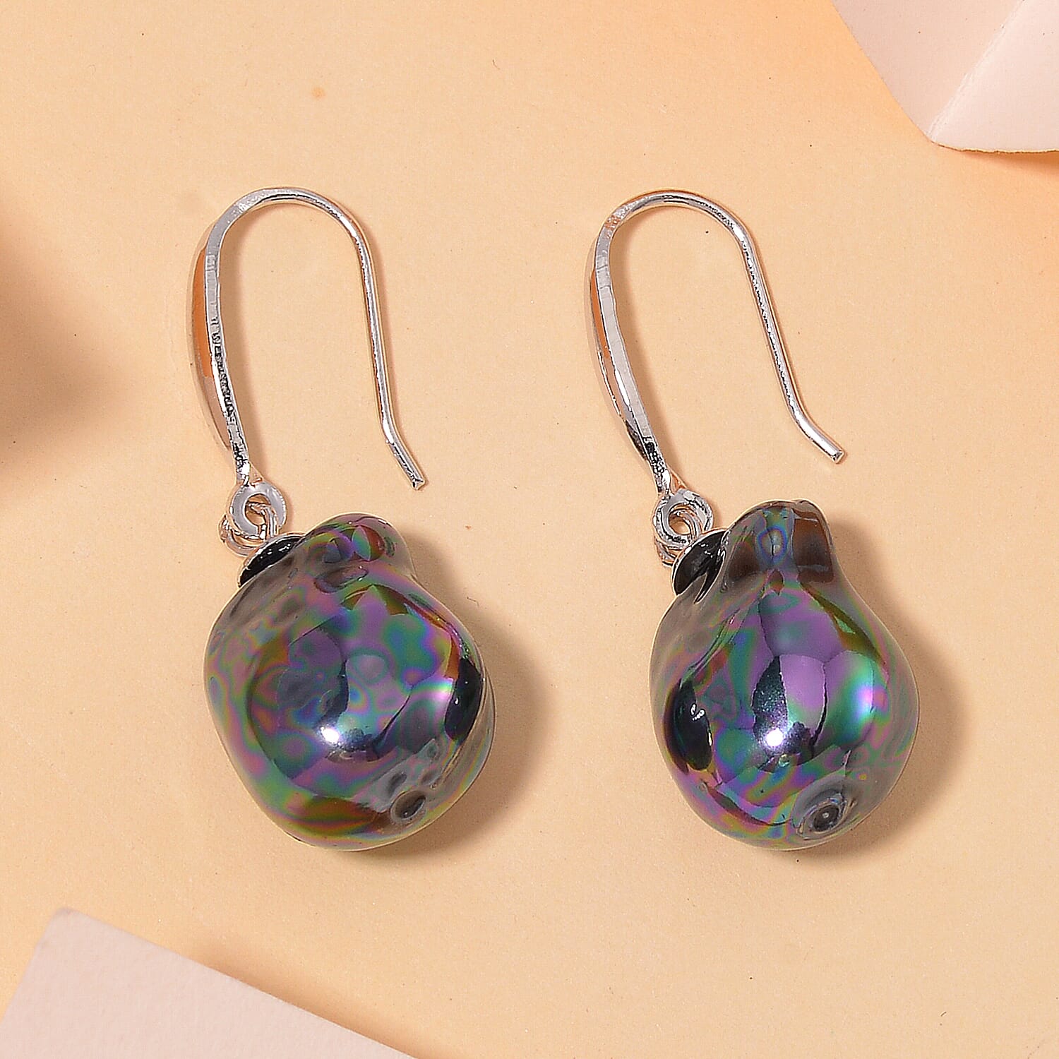 Peacock Freshwater Pearl Earrings in Rhodium Over Sterling Silver