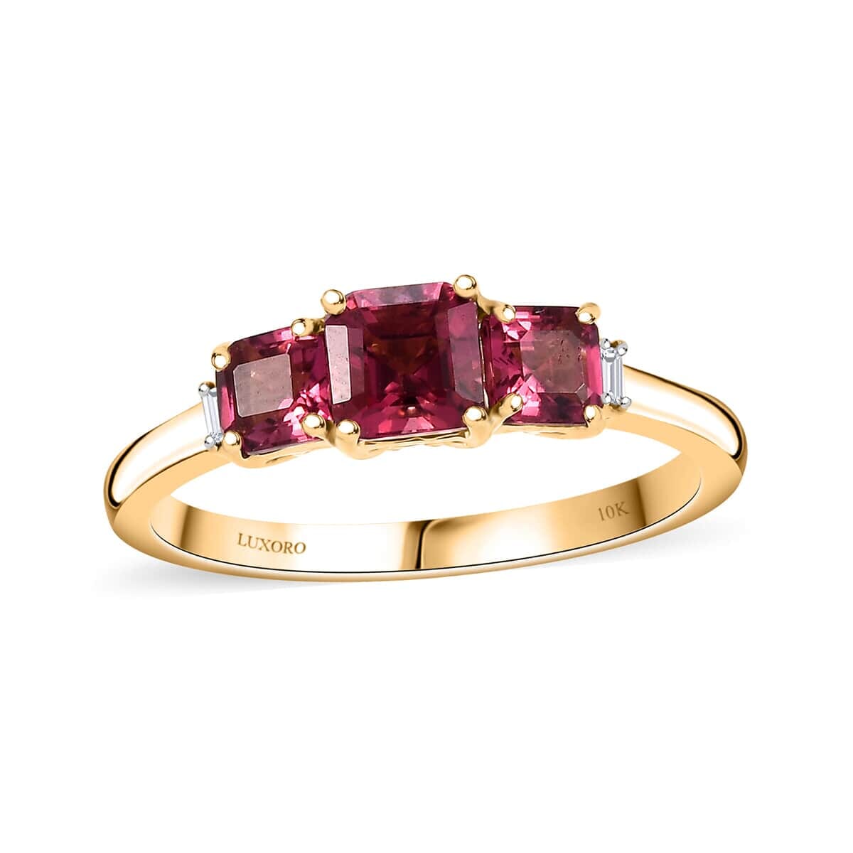 Certified & Appraised Luxoro AAA Asscher Cut Ouro Fino Rubellite and I2 Diamond 1.50 ctw Ring in 10K Yellow Gold (Size 5.0) image number 0