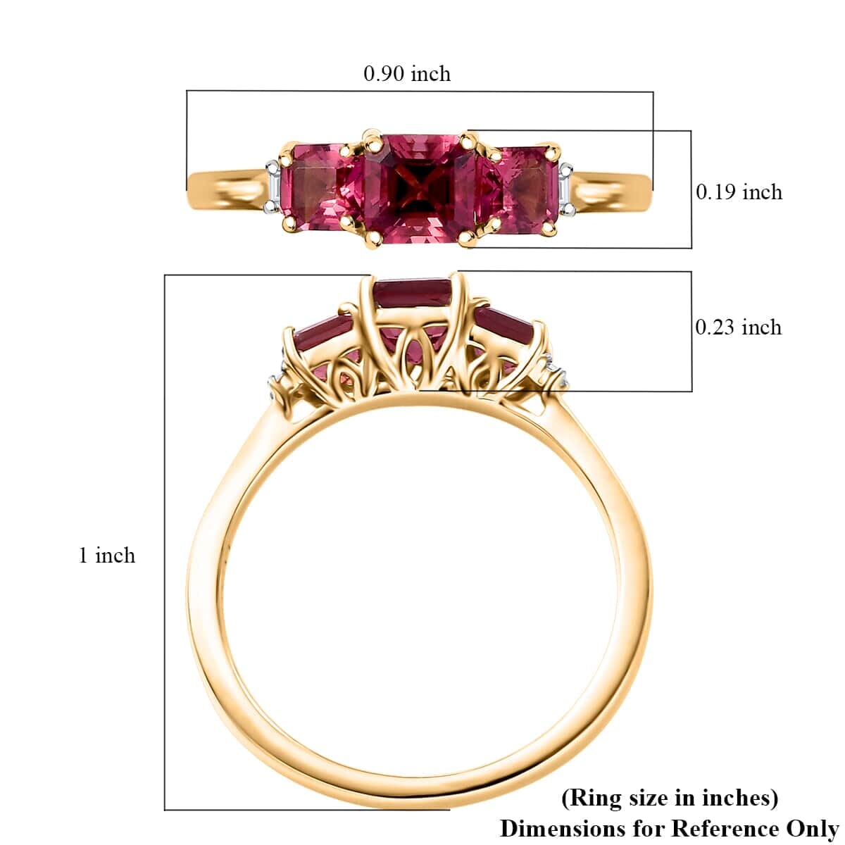 Certified & Appraised Luxoro AAA Asscher Cut Ouro Fino Rubellite and I2 Diamond 1.50 ctw Ring in 10K Yellow Gold (Size 5.0) image number 5