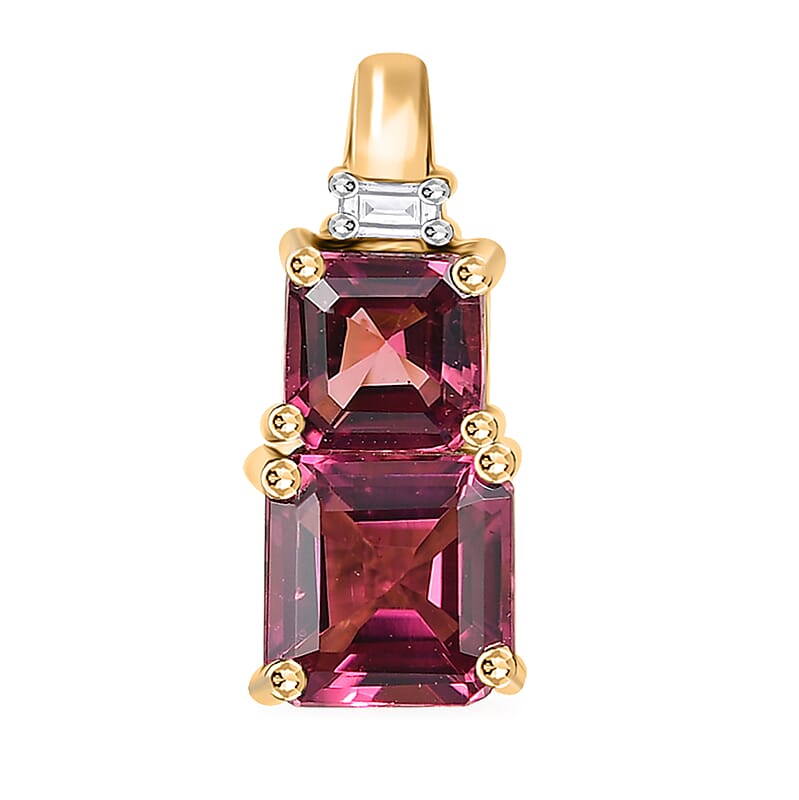 Certified & Appraised Luxoro AAA Asscher Cut Ouro Fino Rubellite and I2 Diamond 1.08 ctw Pendant without Chain in 10K Yellow Gold