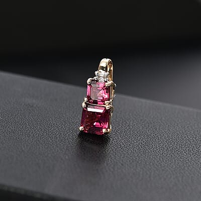 Certified & Appraised Luxoro AAA Asscher Cut Ouro Fino Rubellite and I2 Diamond 1.08 ctw Pendant without Chain in 10K Yellow Gold
