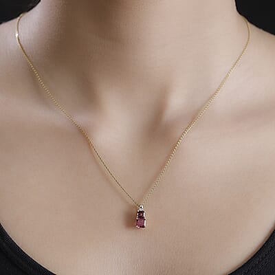 Certified & Appraised Luxoro AAA Asscher Cut Ouro Fino Rubellite and I2 Diamond 1.08 ctw Pendant without Chain in 10K Yellow Gold