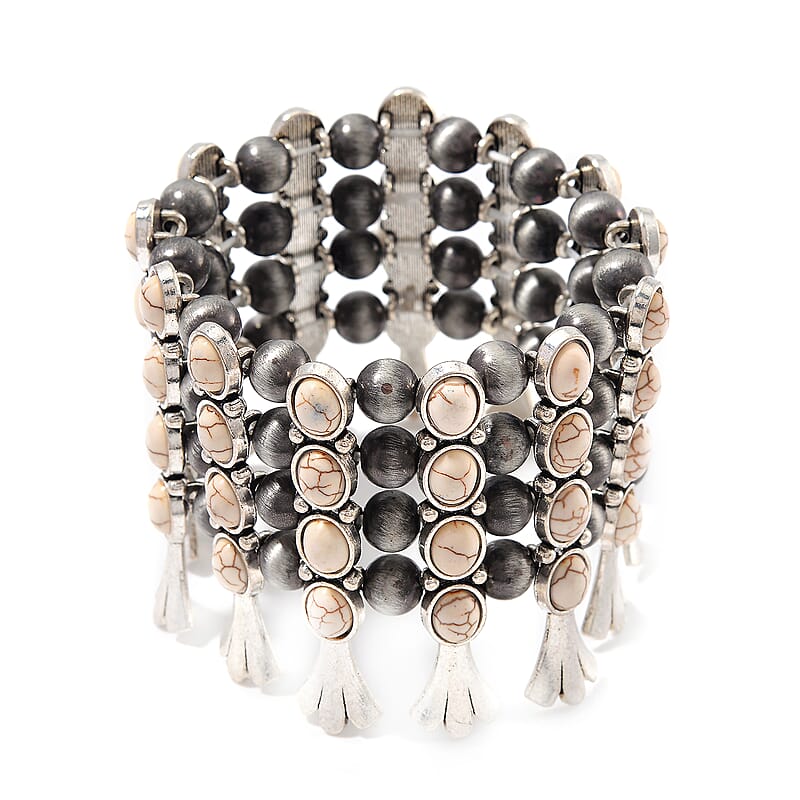 Constituted White Howlite and Resin 45.00 ctw Stretch Bracelet in Silvertone