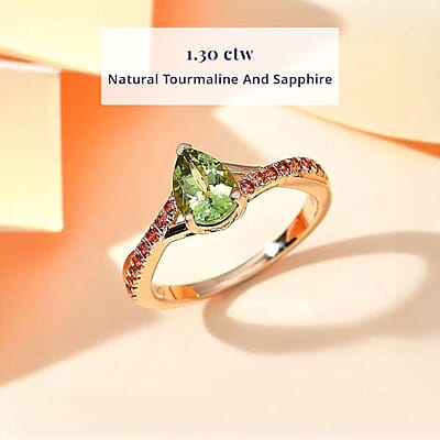 Certified & Appraised Luxoro AAA Natural Calabar Green Tourmaline and Padparadscha Sapphire 1.30 ctw Ring in 10K Yellow Gold (Size 10.0)