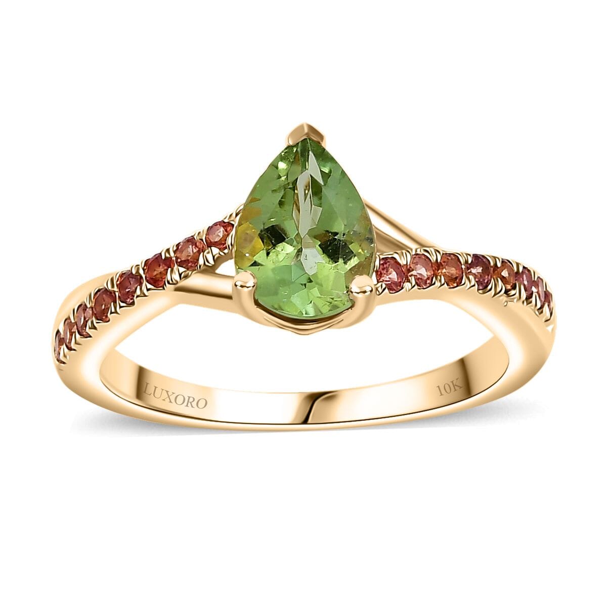 Certified & Appraised Luxoro AAA Natural Calabar Green Tourmaline and Padparadscha Sapphire 1.30 ctw Ring in 10K Yellow Gold (Size 8.0) image number 0