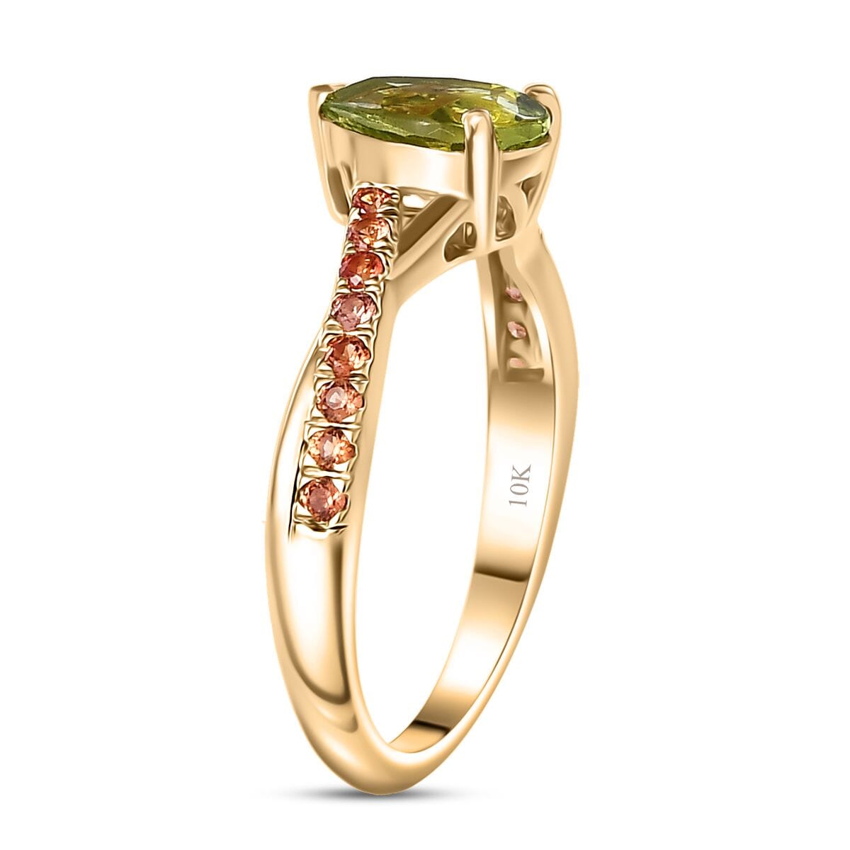 Certified & Appraised Luxoro AAA Natural Calabar Green Tourmaline and Padparadscha Sapphire 1.30 ctw Ring in 10K Yellow Gold (Size 8.0) image number 3