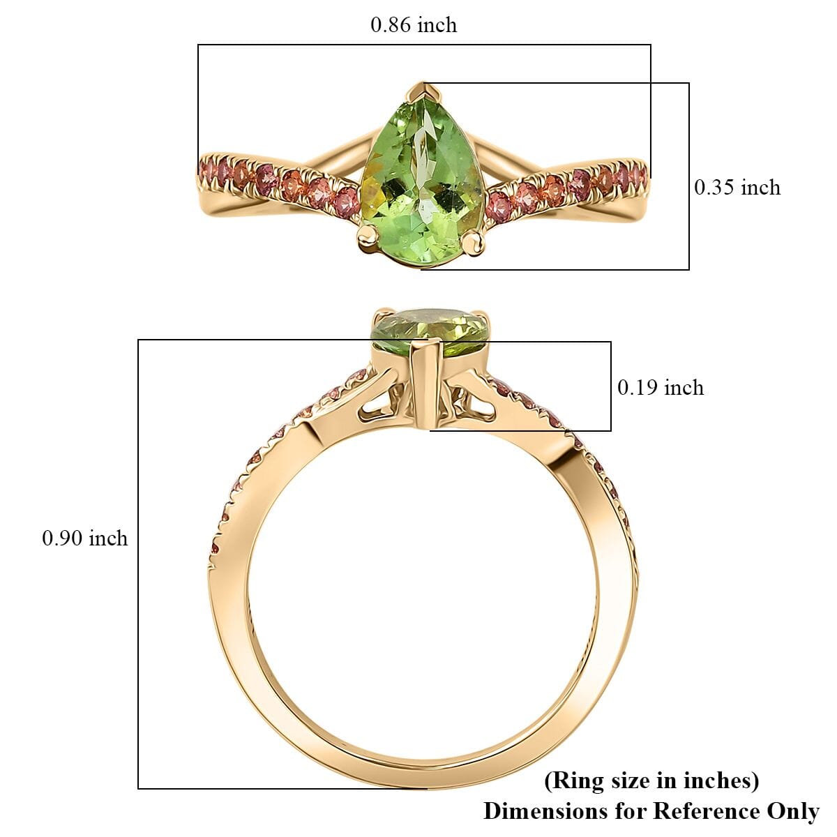 Certified & Appraised Luxoro AAA Natural Calabar Green Tourmaline and Padparadscha Sapphire 1.30 ctw Ring in 10K Yellow Gold (Size 9.0) image number 5