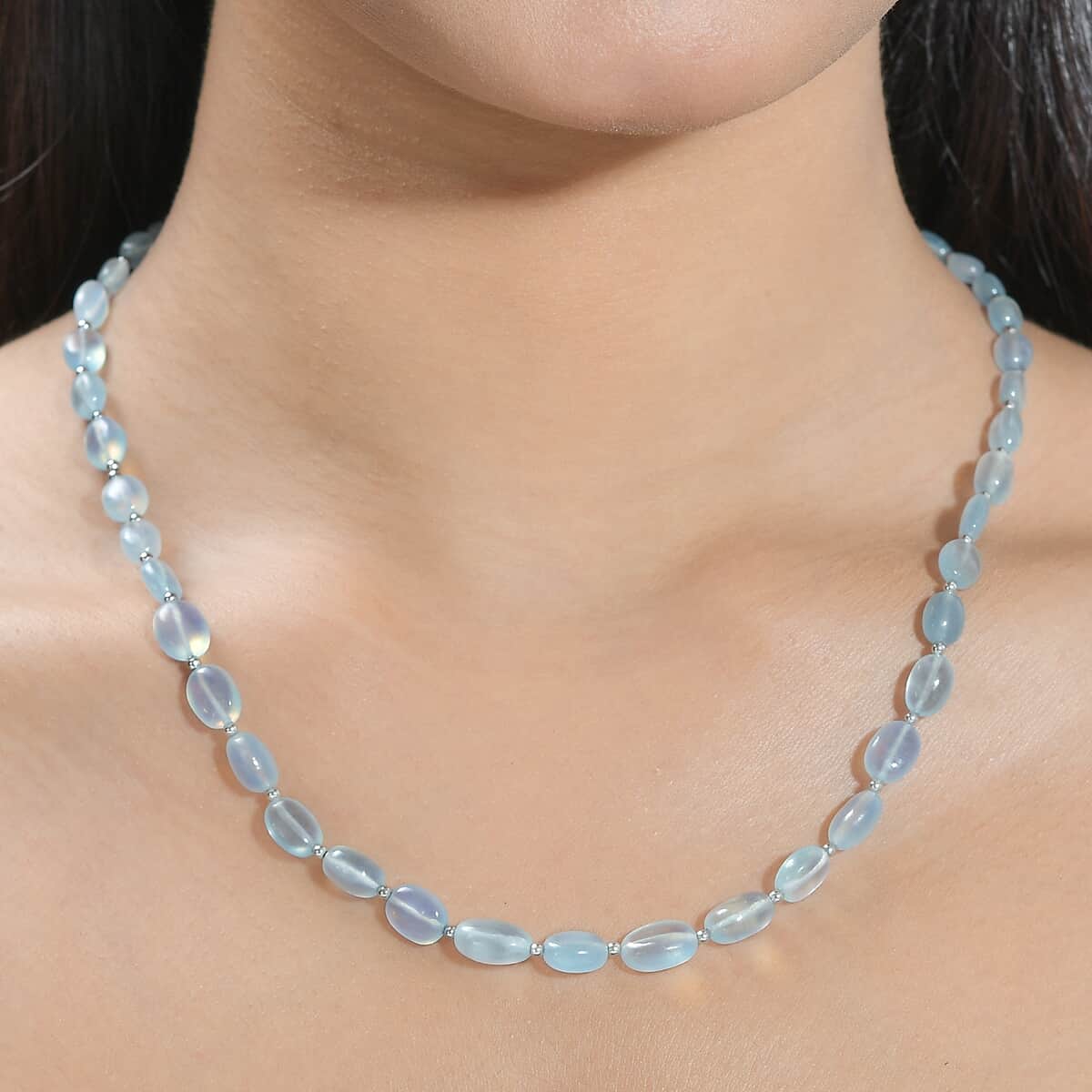 Aquamarine 70.00 ctw Beaded Necklace 18 Inches in Rhodium Over Sterling Silver  image number 2