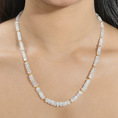 Rainbow Moonstone Beaded 75.00 ctw Necklace 18 Inches in Vermeil Yellow Gold Over Sterling Silver 