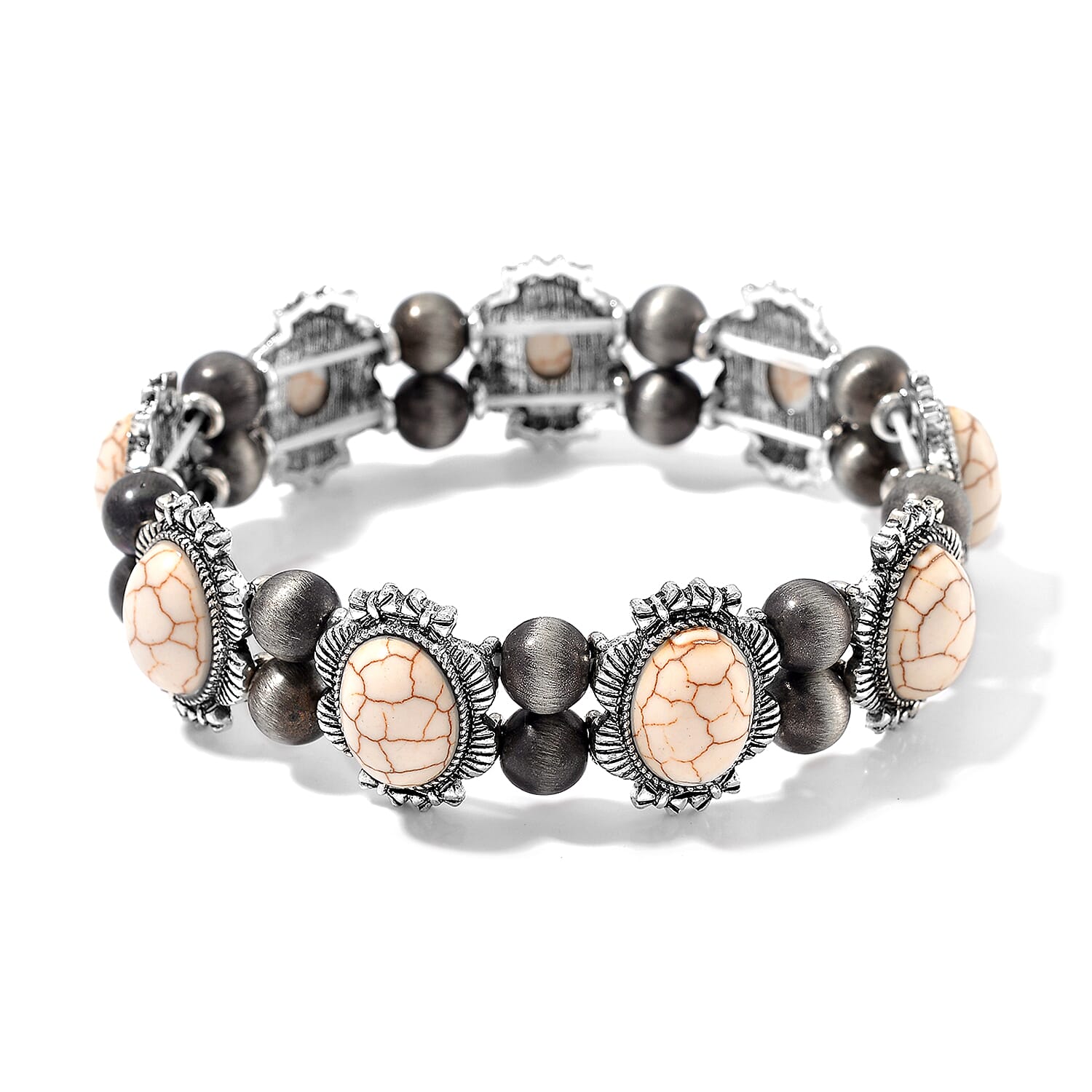 White Howlite and Resin 18.00 ctw Stretch Bracelet in Silvertone