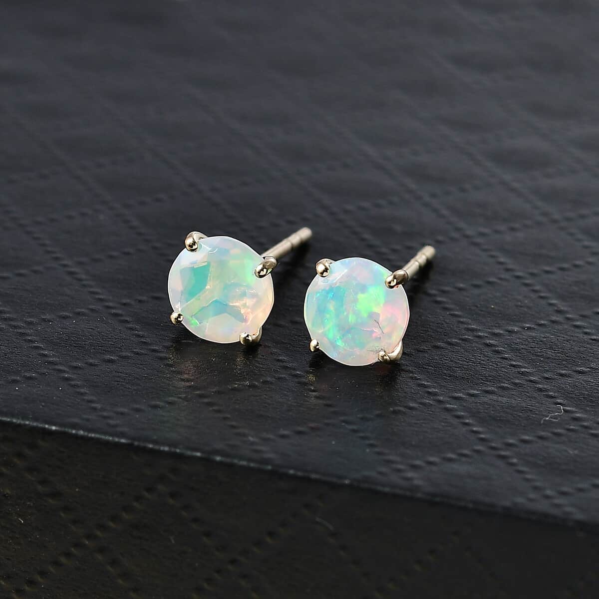 Luxoro AAA Ethiopian Welo Opal 1.60 ctw Solitaire Stud Earrings in 10K Yellow Gold image number 2