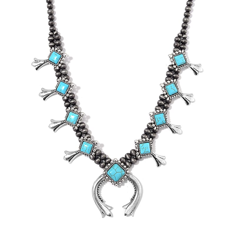 Blue Howlite and Resin 36.00 ctw Squash Blossom Necklace in Silvertone 24-28 Inches