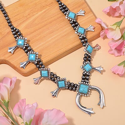 Blue Howlite and Resin 36.00 ctw Squash Blossom Necklace in Silvertone 24-28 Inches