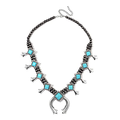 Blue Howlite and Resin 36.00 ctw Squash Blossom Necklace in Silvertone 24-28 Inches