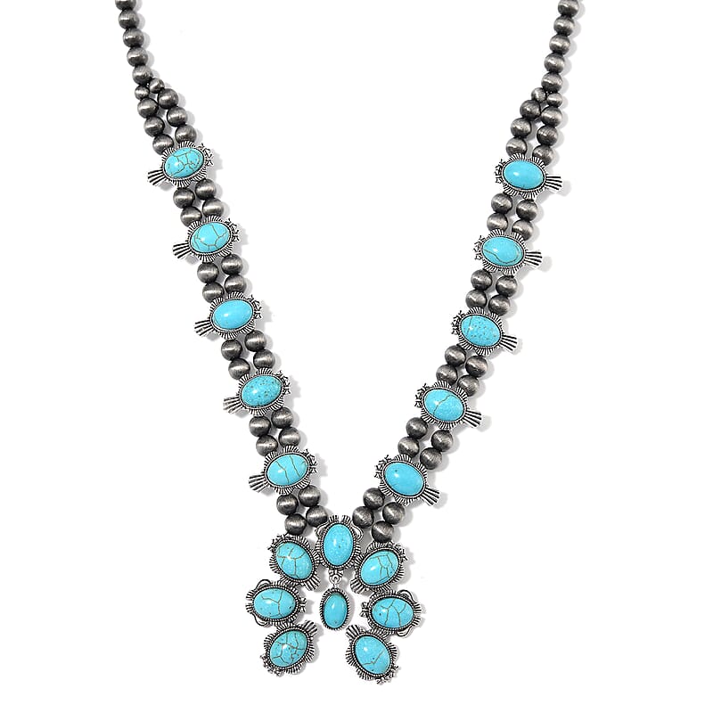 Blue Howlite and Resin Squash Blossom Necklace in Silvertone 24-28 Inches