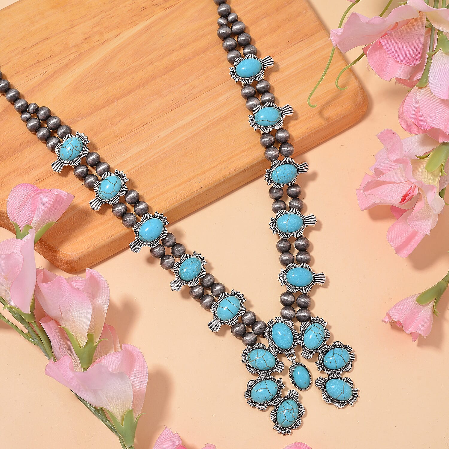 Blue Howlite and Resin Squash Blossom Necklace in Silvertone 24-28 Inches