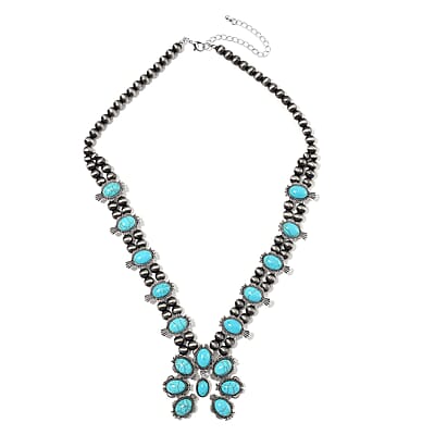 Blue Howlite and Resin Squash Blossom Necklace in Silvertone 24-28 Inches