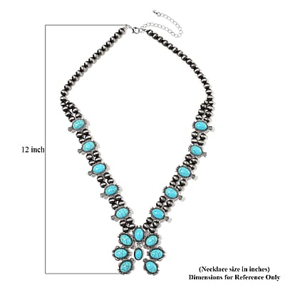 Blue Howlite and Resin Squash Blossom Necklace in Silvertone 24-28 Inches