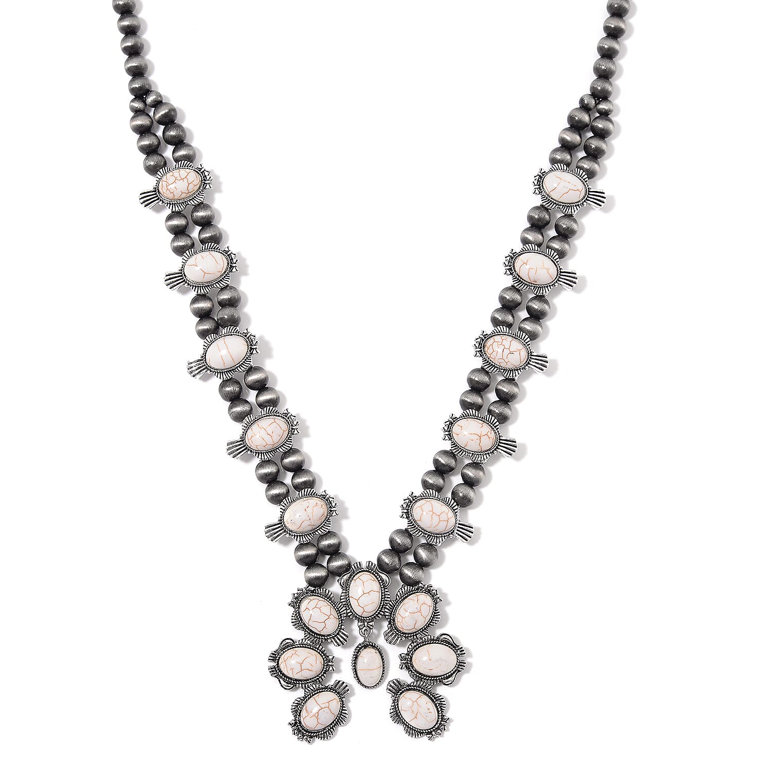 Constituted White Howlite and Resin 34.00 ctw Squash Blossom Necklace in Silvertone 24-28 Inches