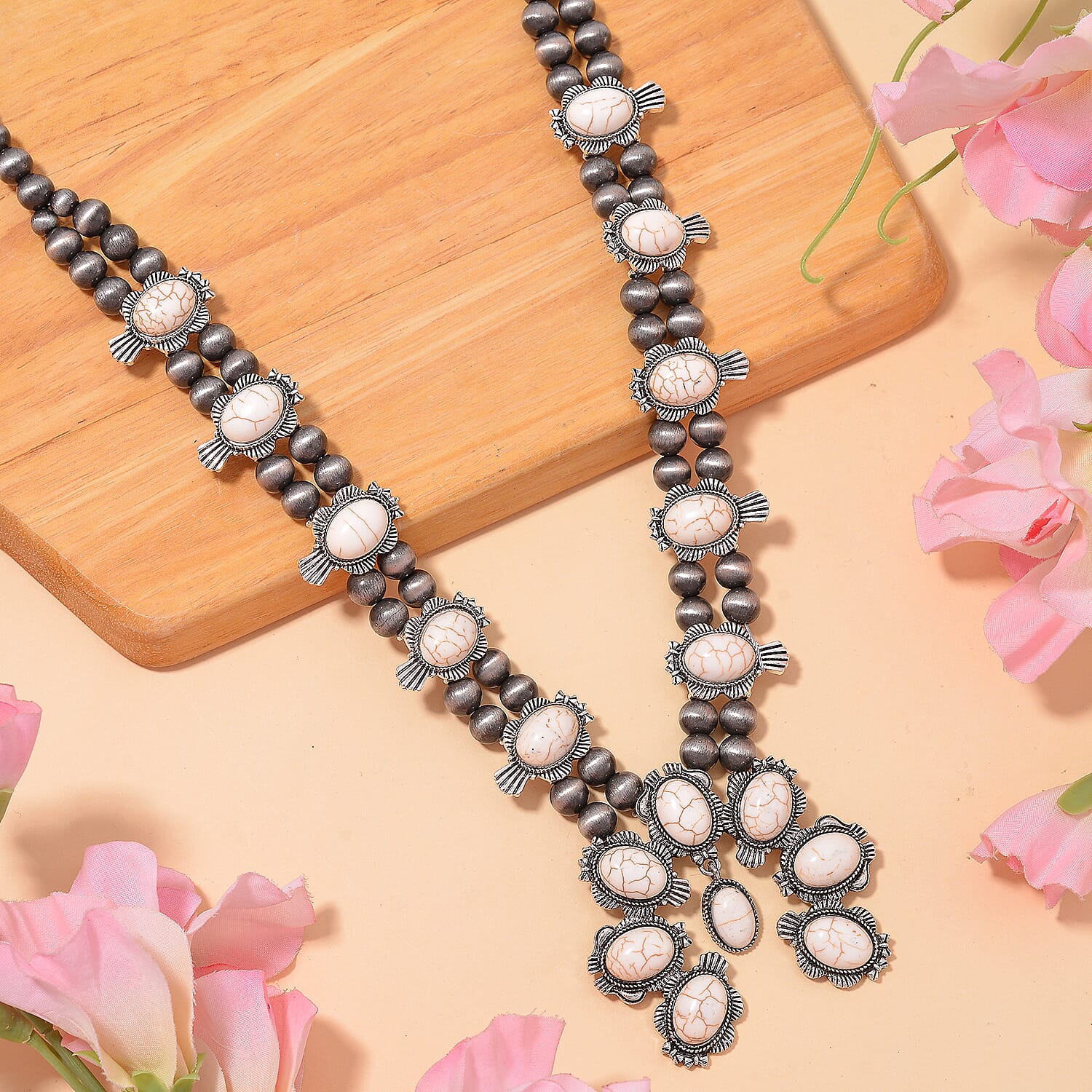 Constituted White Howlite and Resin 34.00 ctw Squash Blossom Necklace in Silvertone 24-28 Inches