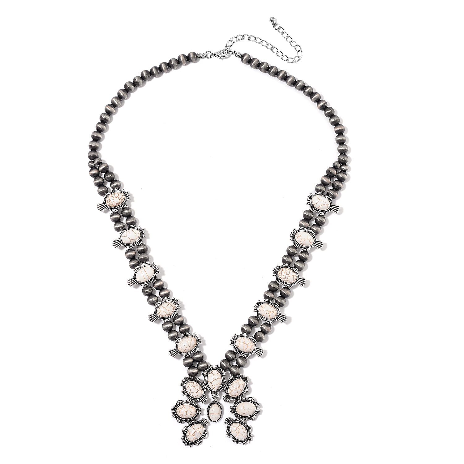 Constituted White Howlite and Resin 34.00 ctw Squash Blossom Necklace in Silvertone 24-28 Inches