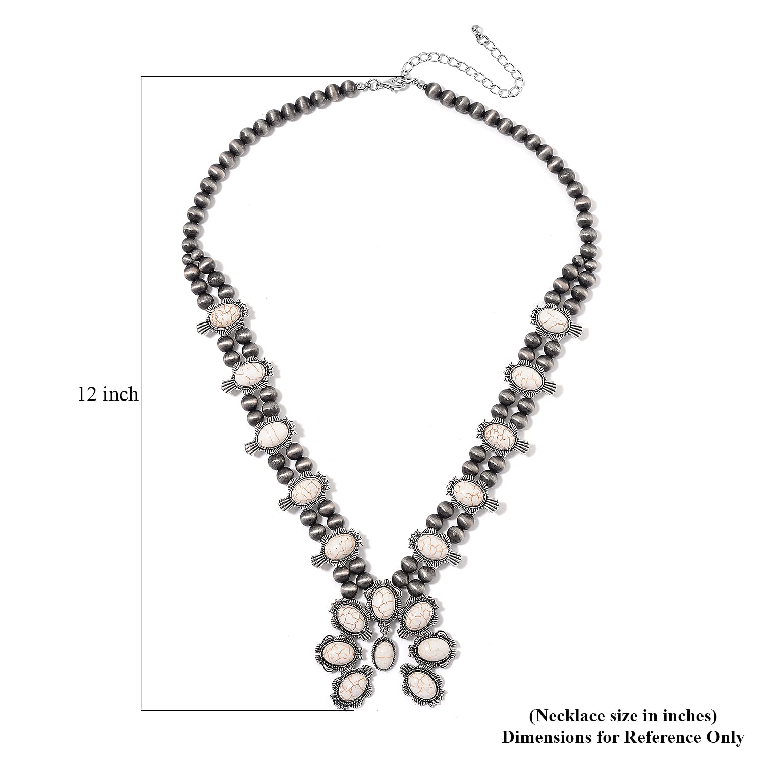 Constituted White Howlite and Resin 34.00 ctw Squash Blossom Necklace in Silvertone 24-28 Inches