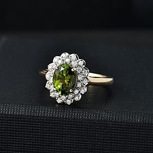 Certified & Appraised Luxoro AAA Natural Calabar&nbsp;Green Tourmaline and G-H I2 Diamond 1.42 ctw Ring in 10K Yellow Gold (Size 11.5)