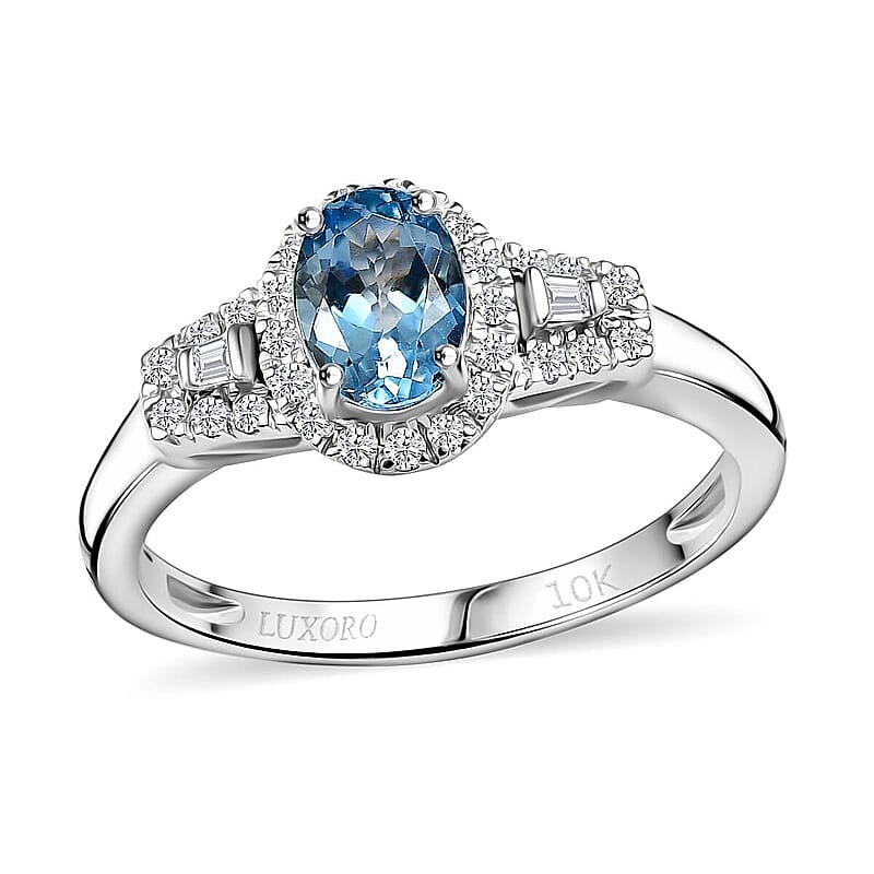 Luxoro 10K White Gold AAA Santamaria Aquamarine, Diamond (I2) (0.30 cts) Ring (Size 7.0) 1.10 ctw
