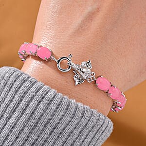 Pink Jade (D) 27.90 ctw Tennis Bracelet with Elephant Head in Rhodium Over Sterling Silver (7.25 In)
