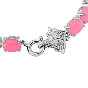 Pink Jade (D) 27.90 ctw Tennis Bracelet with Elephant Head in Rhodium Over Sterling Silver (7.25 In)
