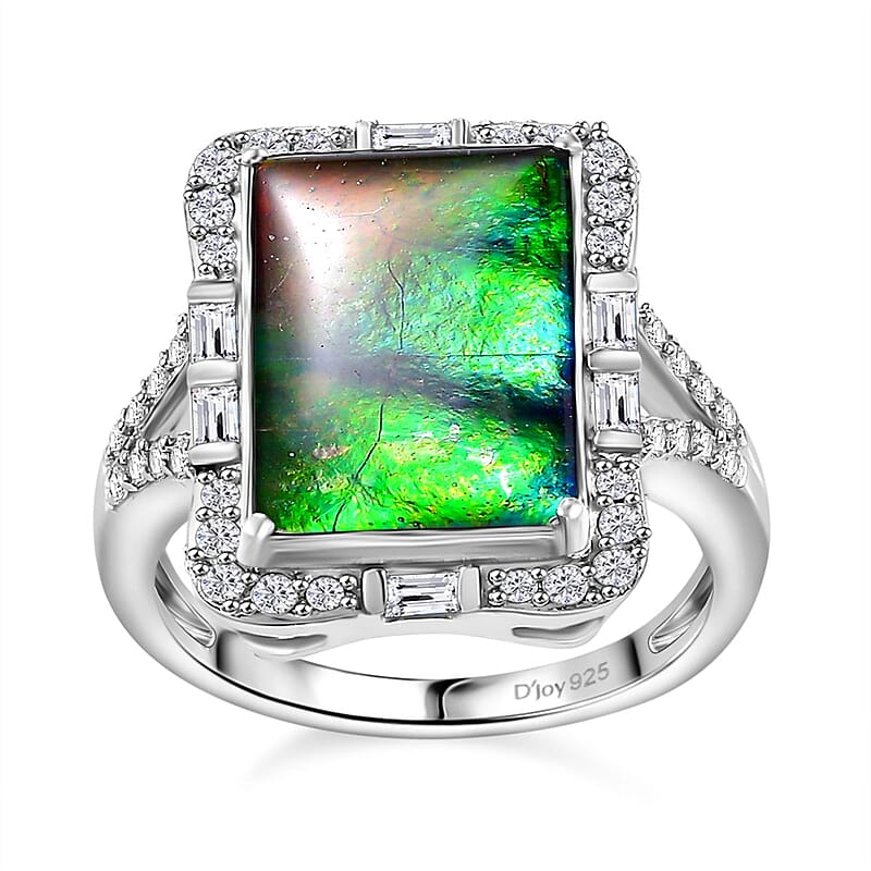 D'Joy Canadian Ammolite and White Zircon 0.90 ctw Ring in Rhodium Over Sterling Silver (Size 10.0)