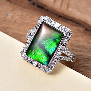 D'Joy Canadian Ammolite and White Zircon 0.90 ctw Ring in Rhodium Over Sterling Silver (Size 10.0)