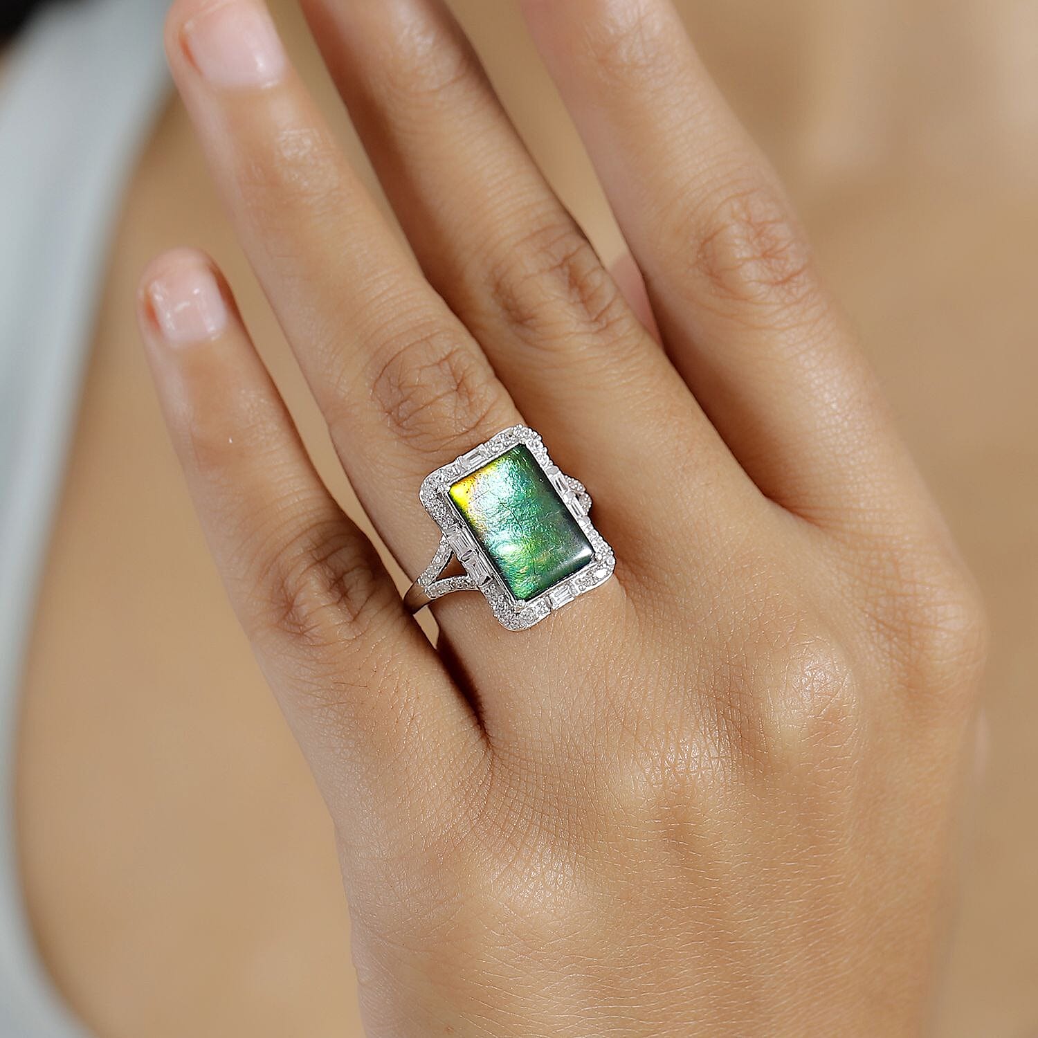 D'Joy Canadian Ammolite and White Zircon 0.90 ctw Ring in Rhodium Over Sterling Silver (Size 10.0)