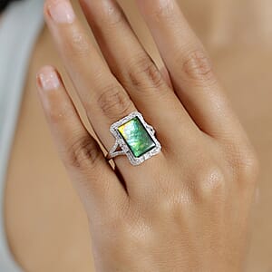 D'Joy Canadian Ammolite and White Zircon 0.90 ctw Ring in Rhodium Over Sterling Silver (Size 10.0)