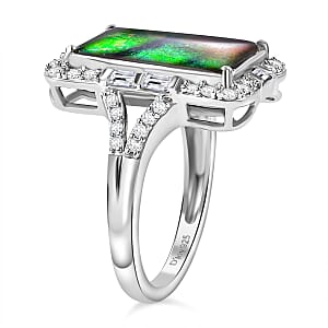 D'Joy Canadian Ammolite and White Zircon 0.90 ctw Ring in Rhodium Over Sterling Silver (Size 10.0)
