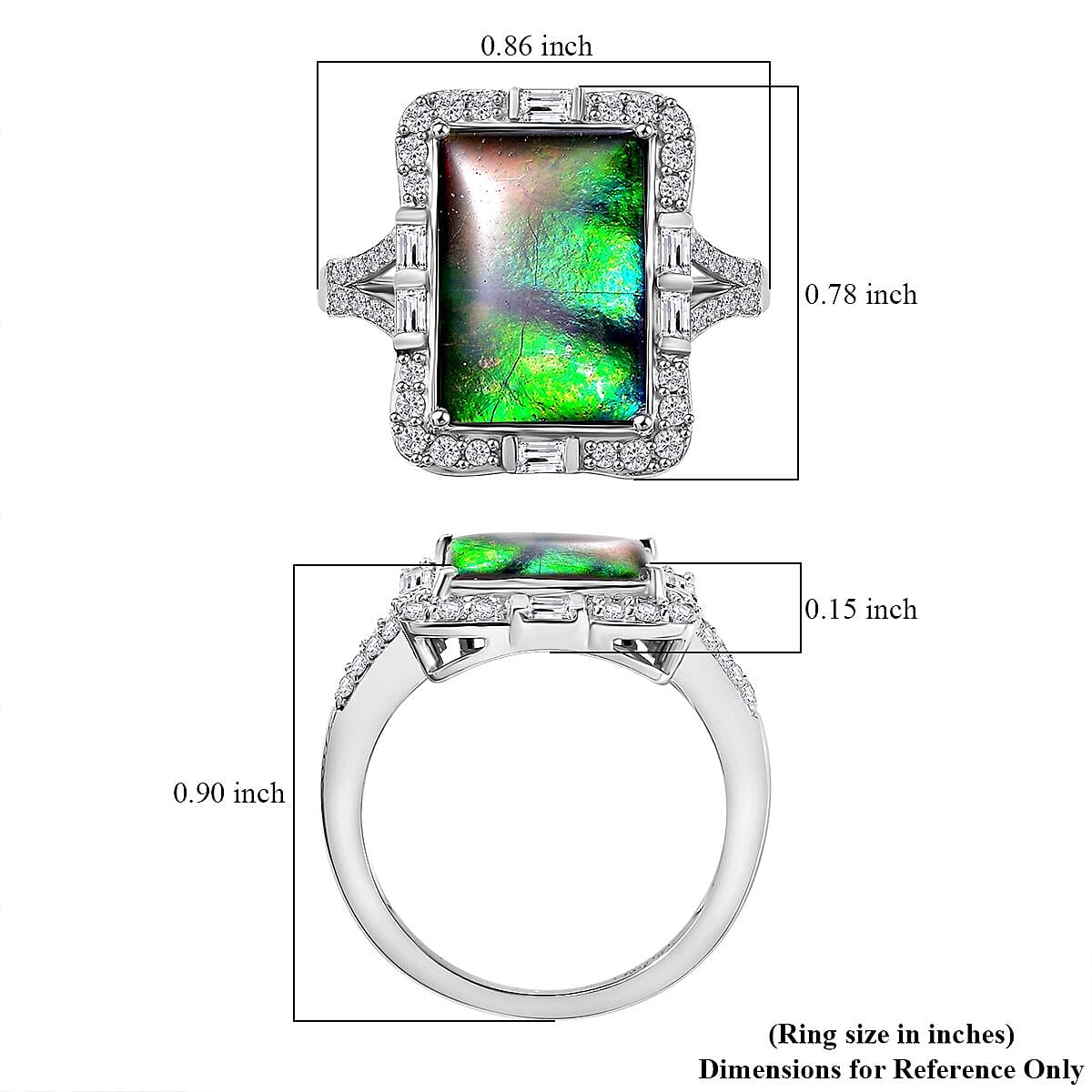 D'Joy Canadian Ammolite and White Zircon 0.90 ctw Ring in Rhodium Over Sterling Silver (Size 10.0)