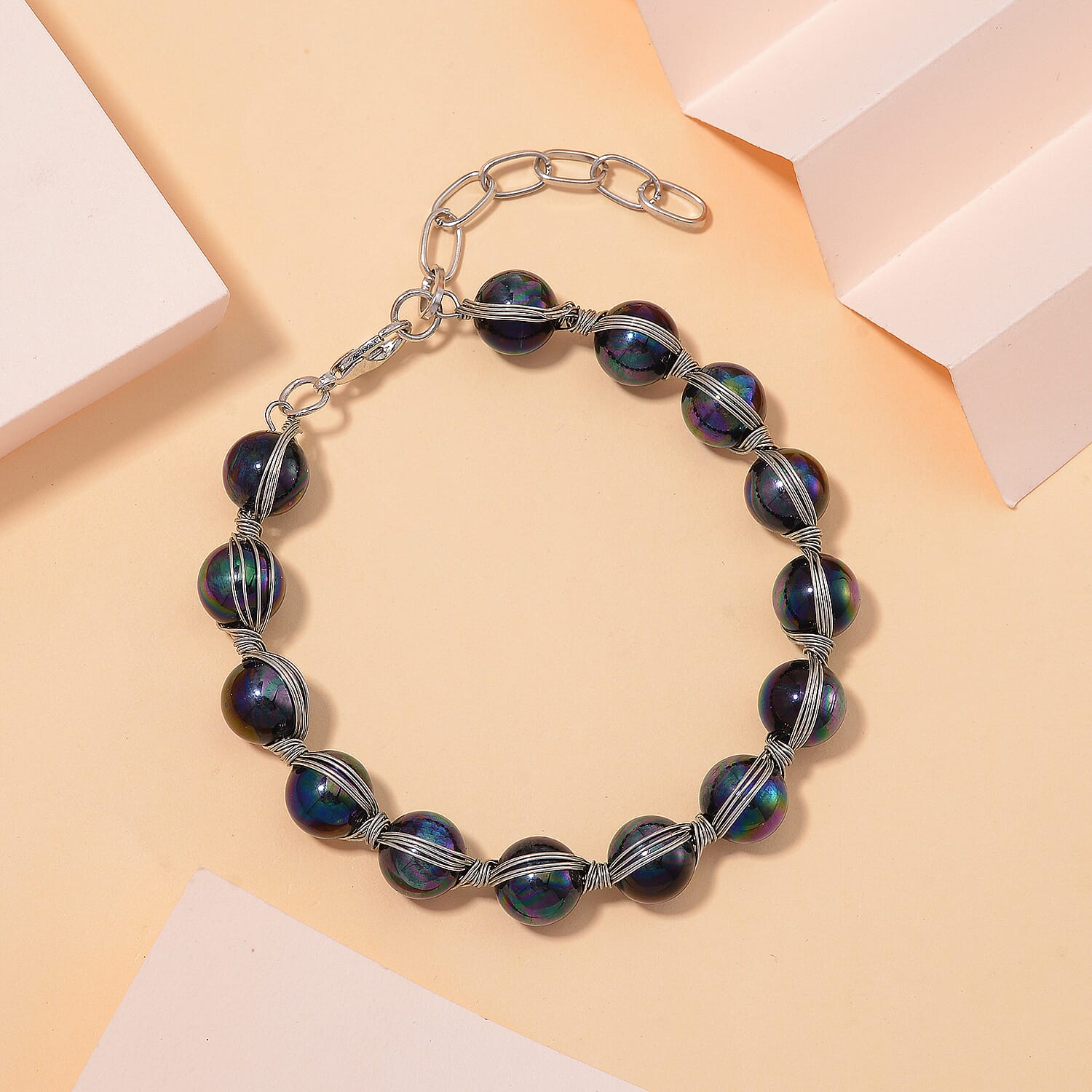 Peacock Color Shell Pearl Bracelet (7.00-9.00In) in Silvertone