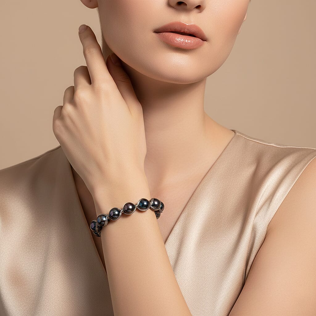 Peacock Color Shell Pearl Bracelet (7.00-9.00In) in Silvertone