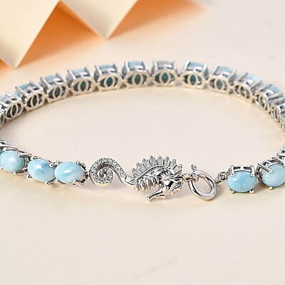 Larimar and Moissanite 17.50 ctw Seahorse Tennis Bracelet in Rhodium Over Sterling Silver (6.50 In)