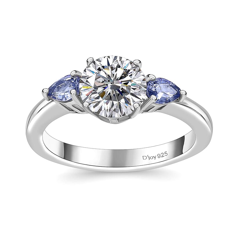 D'Joy Moissanite and Tanzanite 1.50 ctw Ring in Rhodium Over Sterling Silver (Size 10.0)