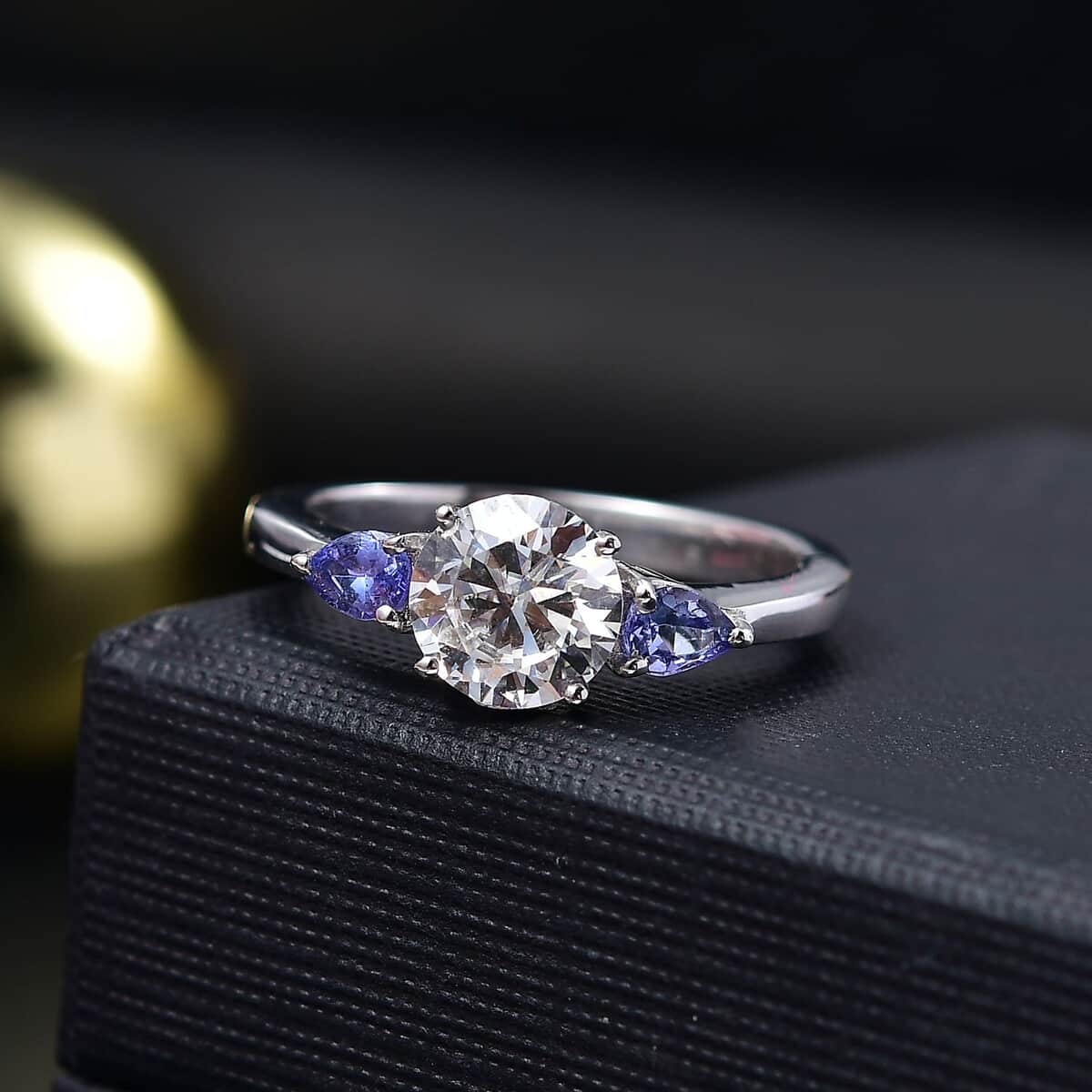 Moissanite and Tanzanite 1.50 ctw Ring in Rhodium Over Sterling Silver (Size 10.0) image number 1