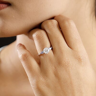 D'Joy Moissanite and Tanzanite 1.50 ctw Ring in Rhodium Over Sterling Silver (Size 10.0)