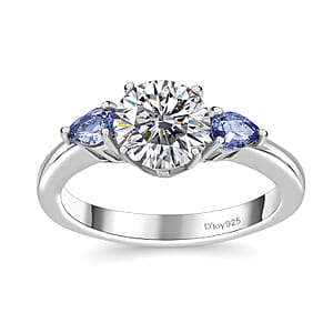 Moissanite and Tanzanite 1.50 ctw Ring in Rhodium Over Sterling Silver (Size 7.0)