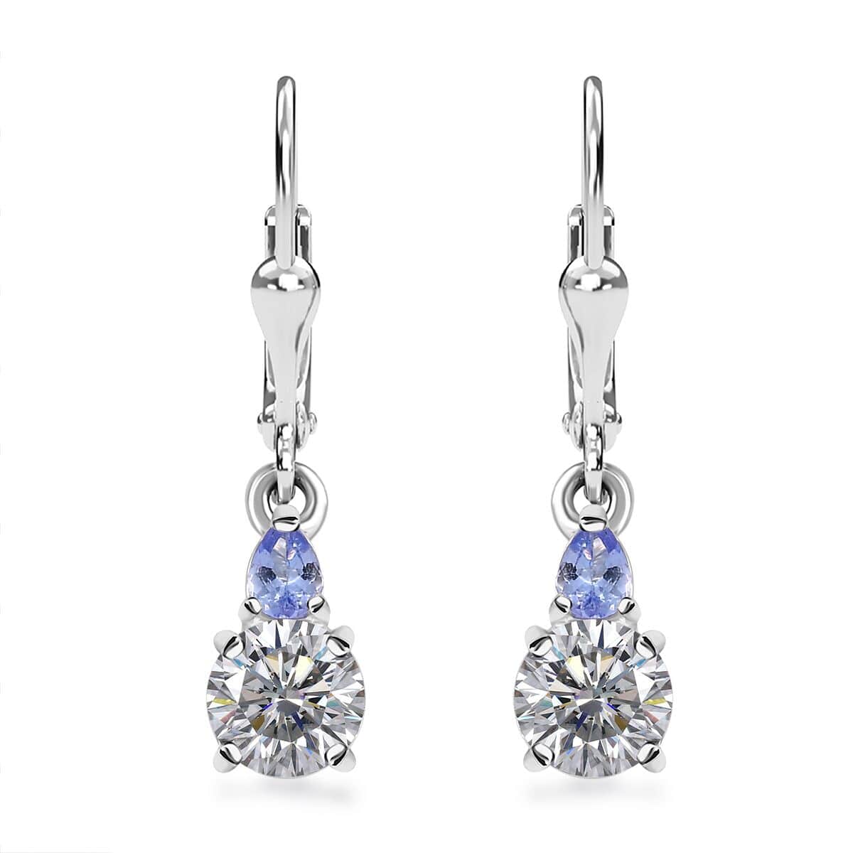 Moissanite and Tanzanite 1.85 ctw Lever Back Earrings in Rhodium Over Sterling Silver image number 0