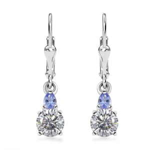 Moissanite and Tanzanite 1.85 ctw Lever Back Earrings in Rhodium Over Sterling Silver