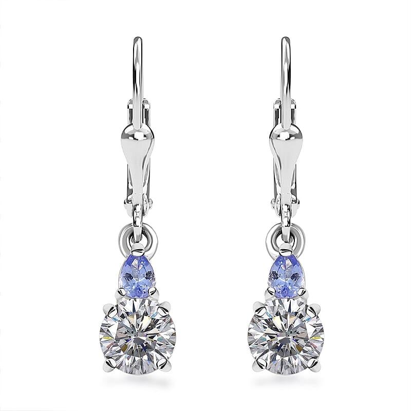 D'Joy Moissanite and Tanzanite 1.85 ctw Lever Back Earrings in Rhodium Over Sterling Silver