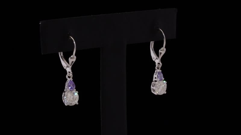 D'Joy Moissanite and Tanzanite 1.85 ctw Lever Back Earrings in Rhodium Over Sterling Silver