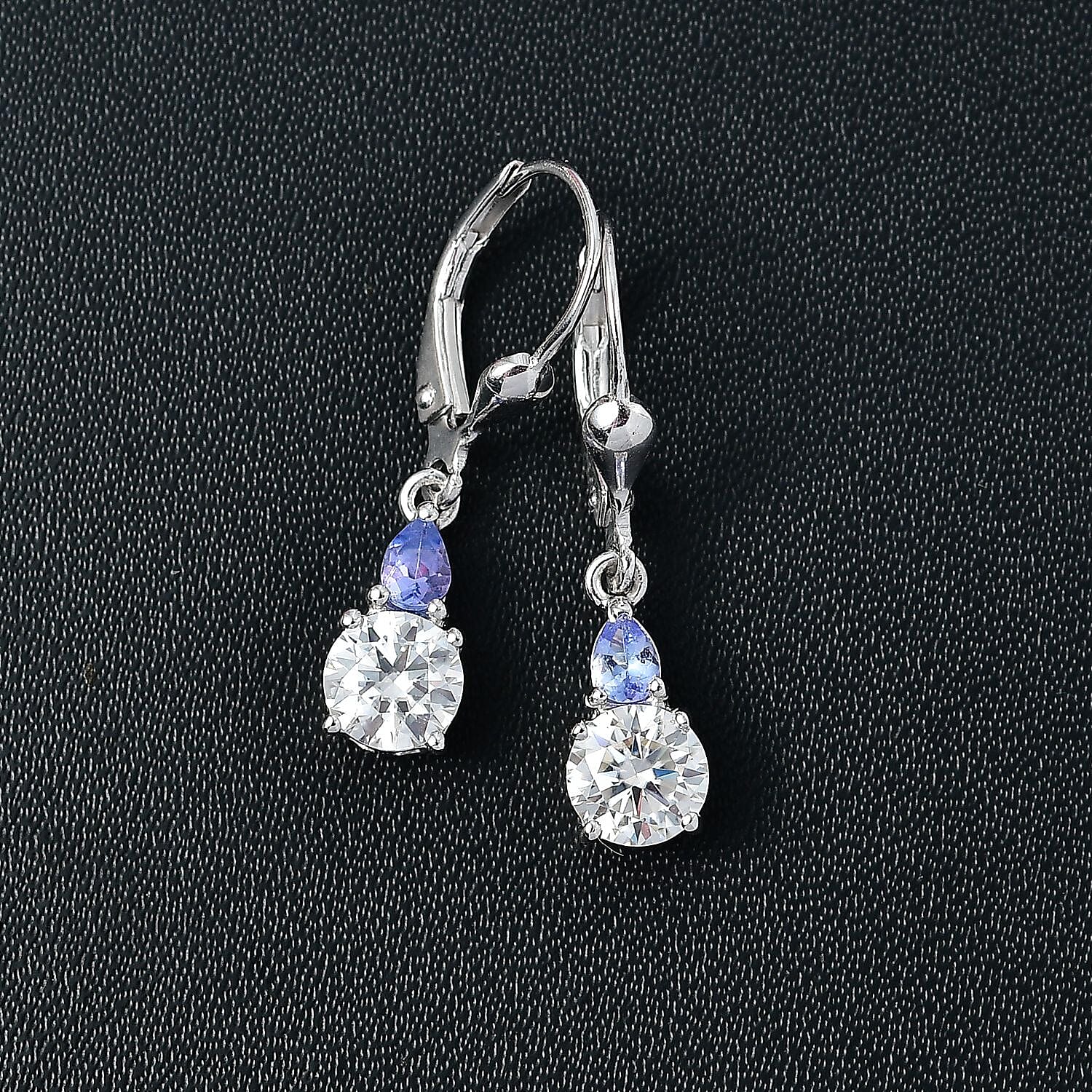 D'Joy Moissanite and Tanzanite 1.85 ctw Lever Back Earrings in Rhodium Over Sterling Silver