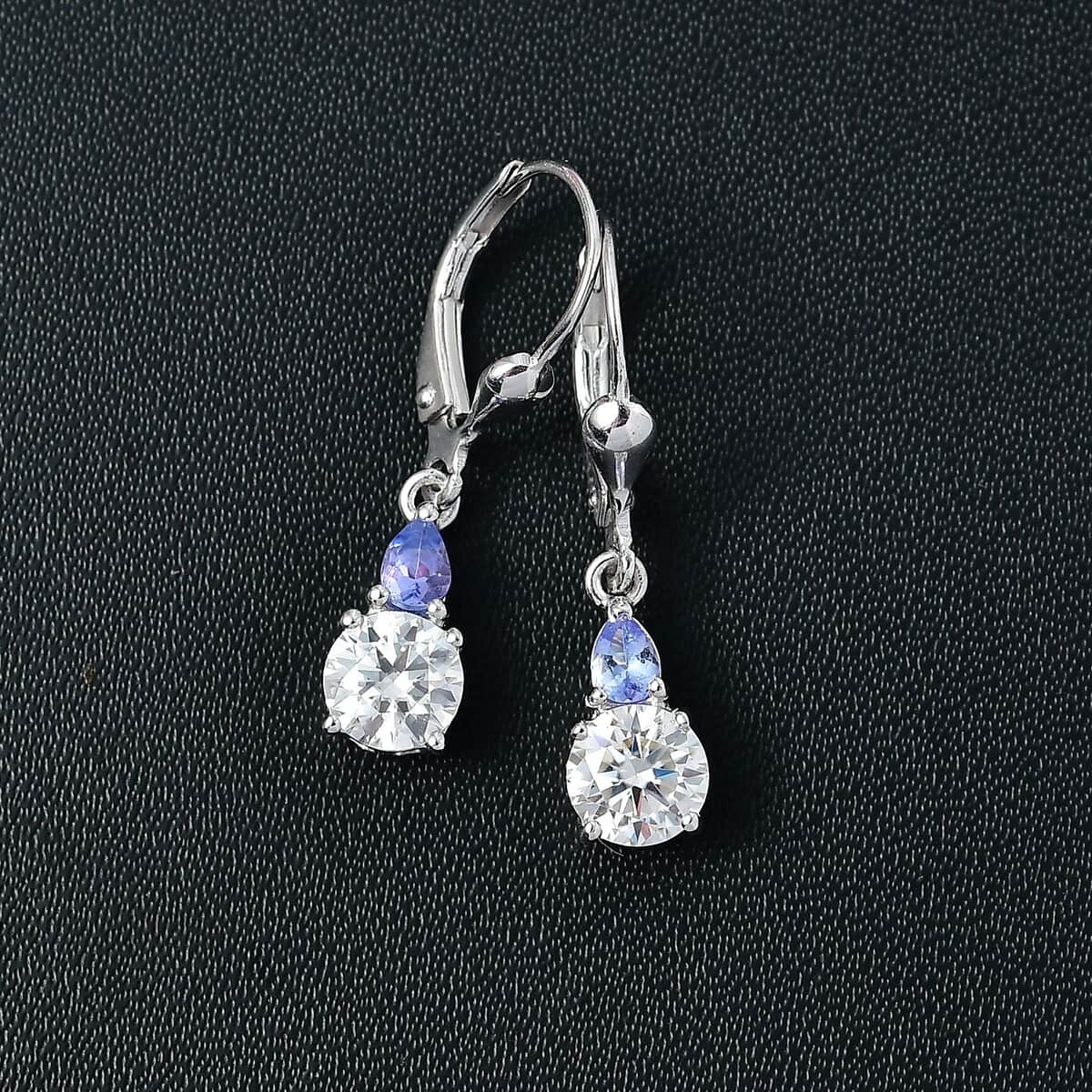 Moissanite and Tanzanite 1.85 ctw Lever Back Earrings in Rhodium Over Sterling Silver image number 1