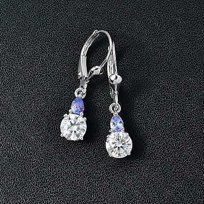 D'Joy Moissanite and Tanzanite 1.85 ctw Lever Back Earrings in Rhodium Over Sterling Silver